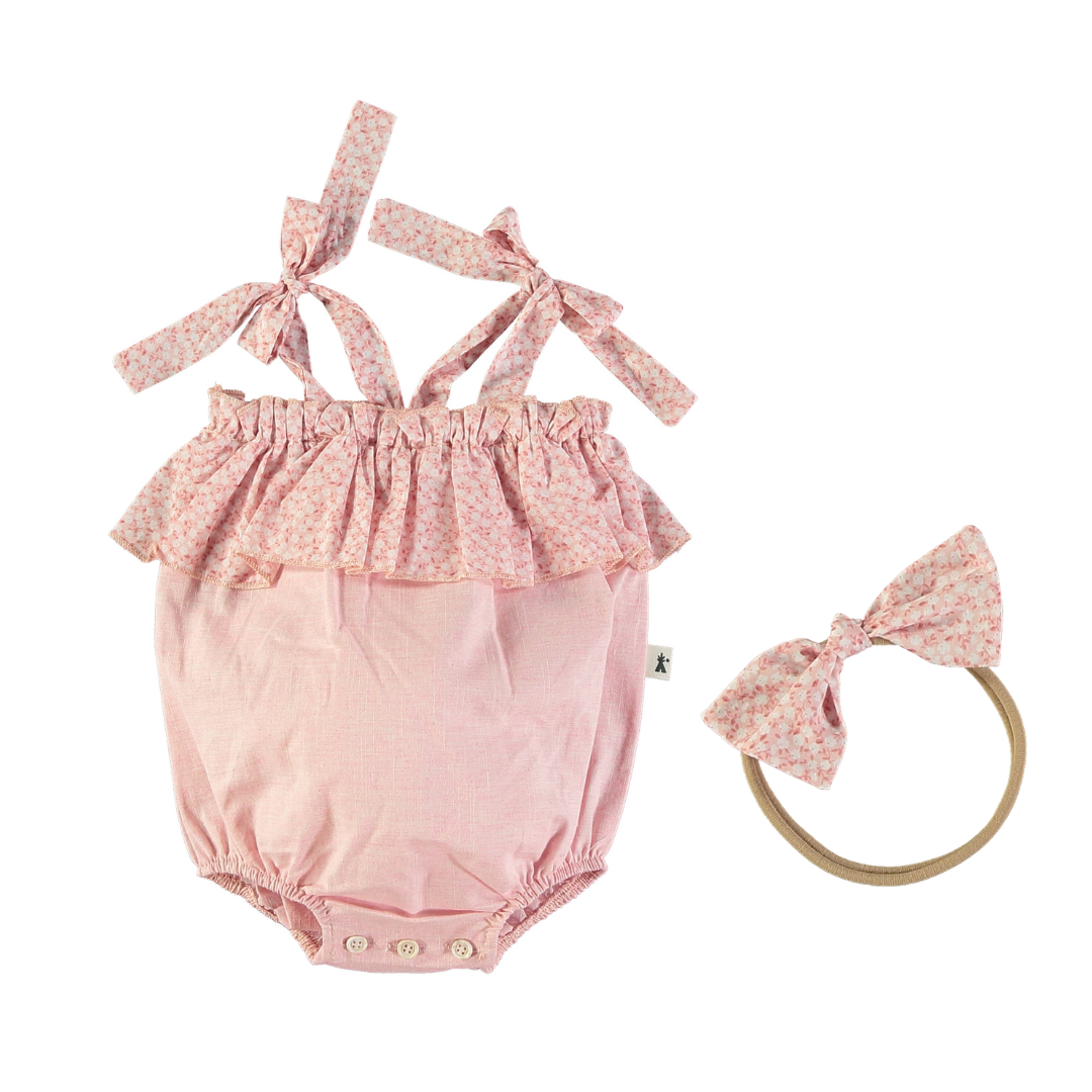 Petit Indi Pink Floral Ruffle Print Romper & Headband