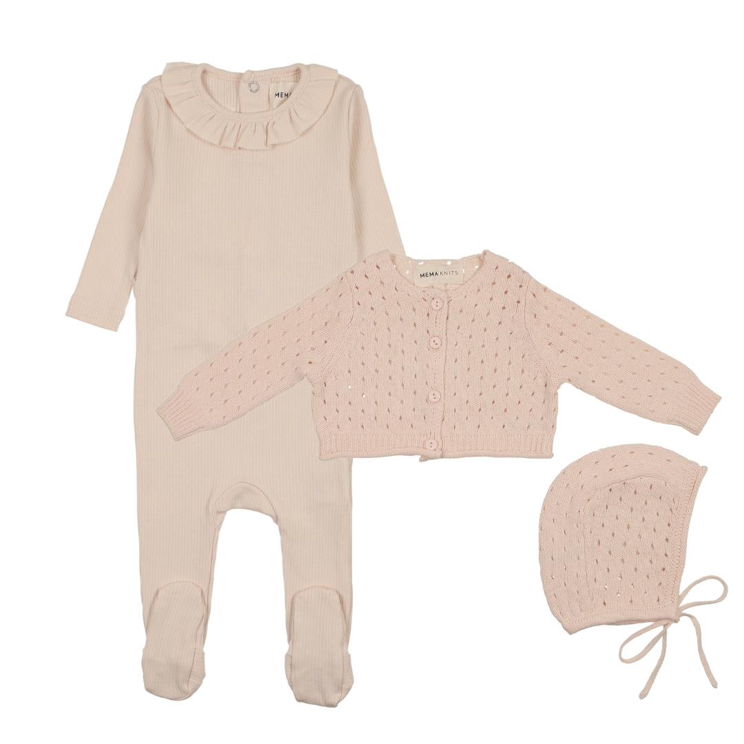 Mema Knits Rib Ruffle Collar Footie, Pointelle Knit Cardigan & Bonnet - Light Pink