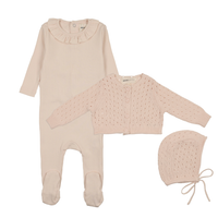 Mema Knits Rib Ruffle Collar Footie, Pointelle Knit Cardigan & Bonnet - Light Pink