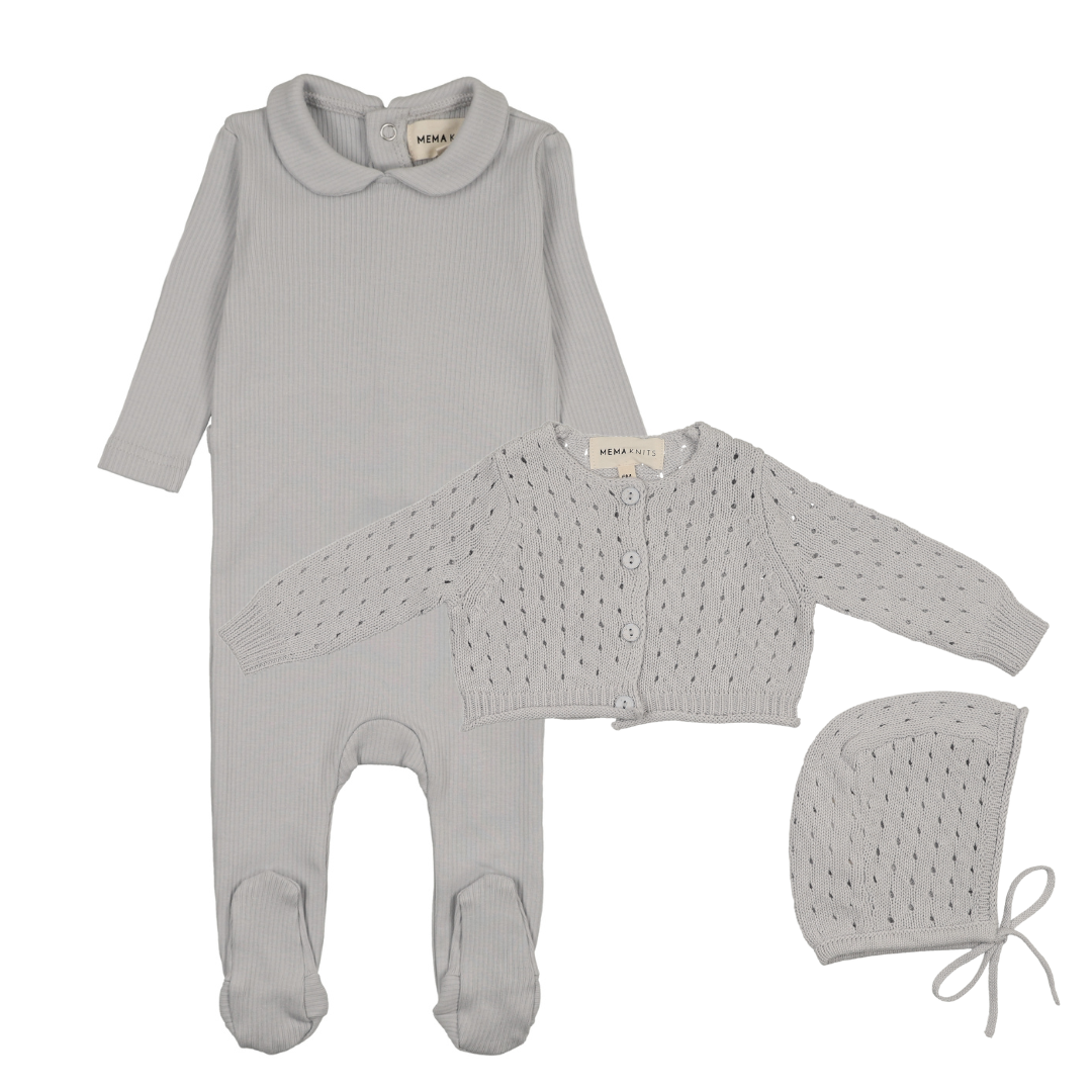 Mema Knits Rib Collared Footie, Pointelle Knit Cardigan & Bonnet - Gray Dawn