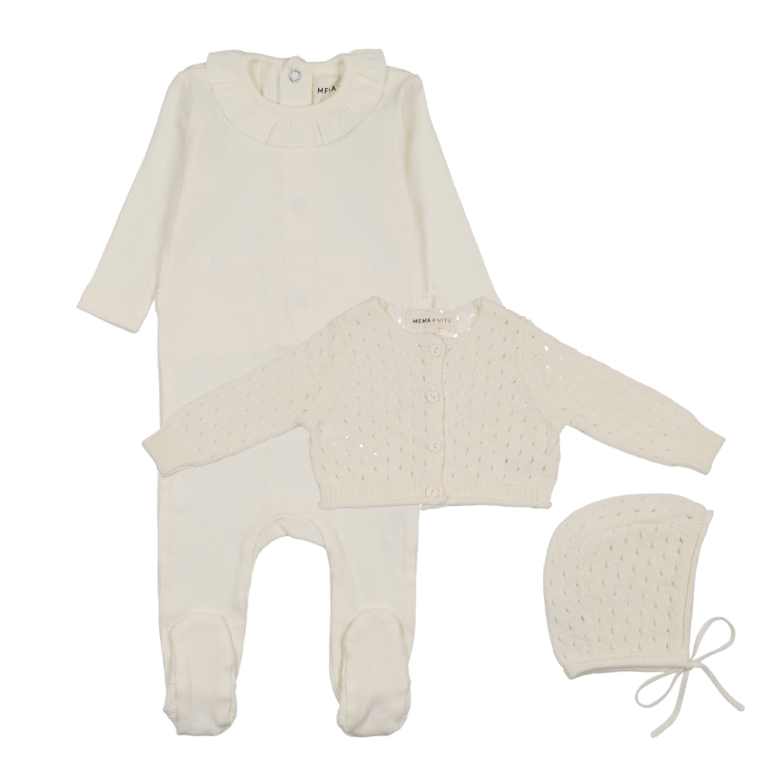 Mema Knits Rib Ruffle Collar Footie, Pointelle Knit Cardigan & Bonnet - WW