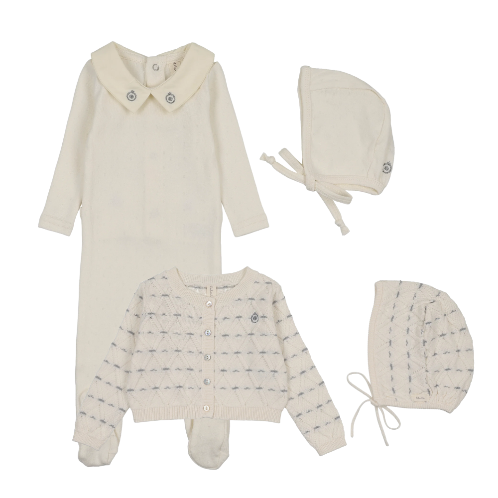 Lilette Sweetheart Footie, Cardigan & Bonnet Set - Cream/Blue