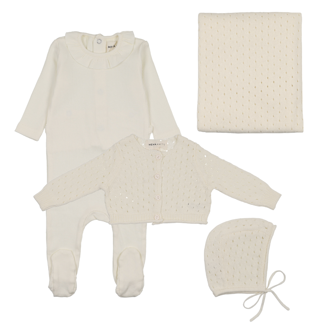 Mema Knits Rib Ruffle Collar Footie, Pointelle Knit Cardigan, Bonnet W Blanket- WW