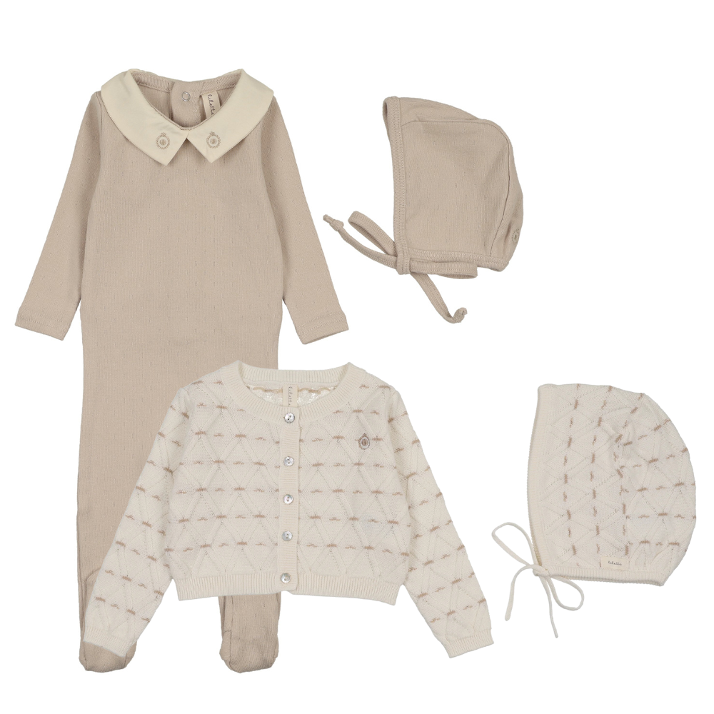 Lilette Sweetheart Footie, Cardigan & Bonnet Set - Taupe