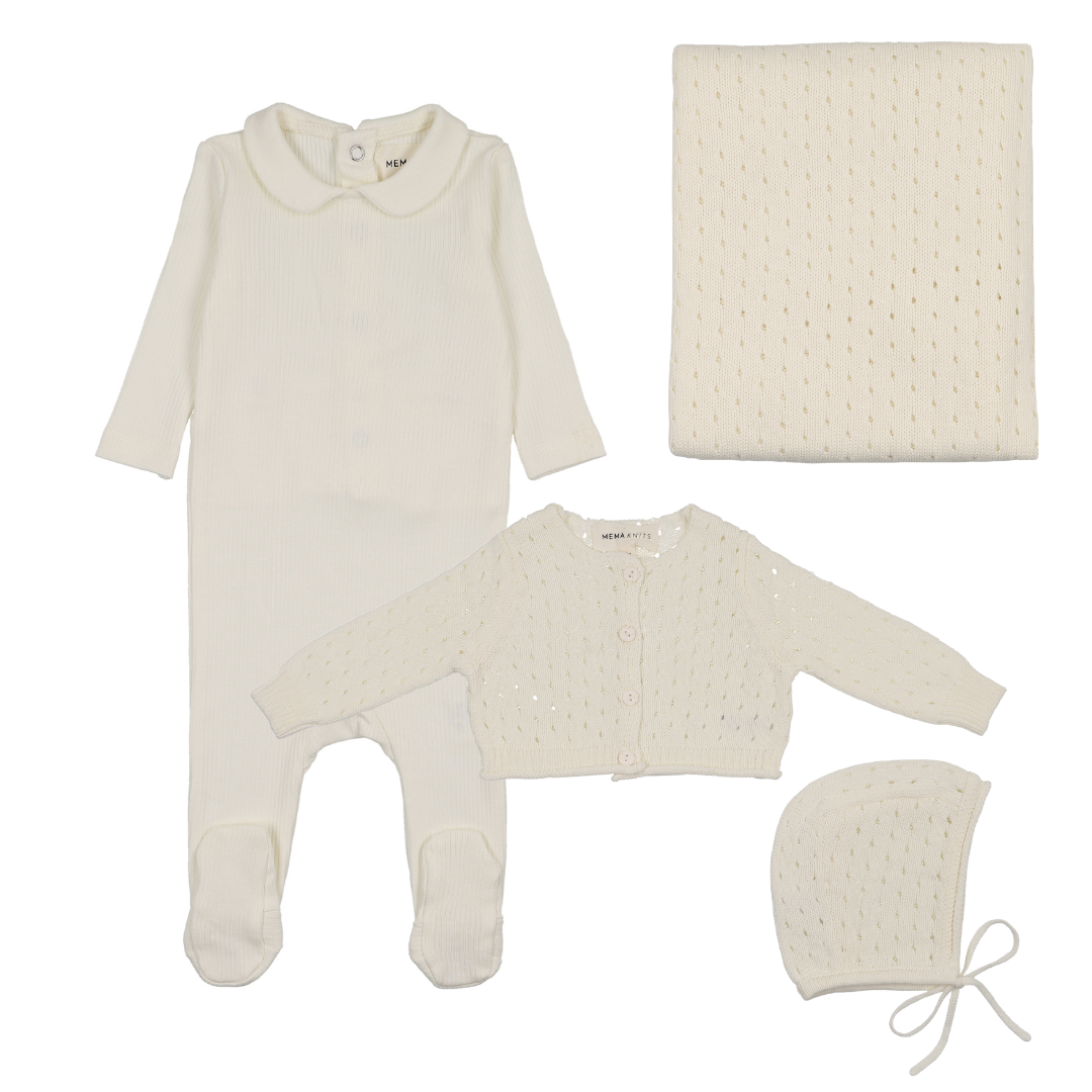 Mema Knits Rib Collared Footie, Pointelle Knit Cardigan, Bonnet W Blanket- WW