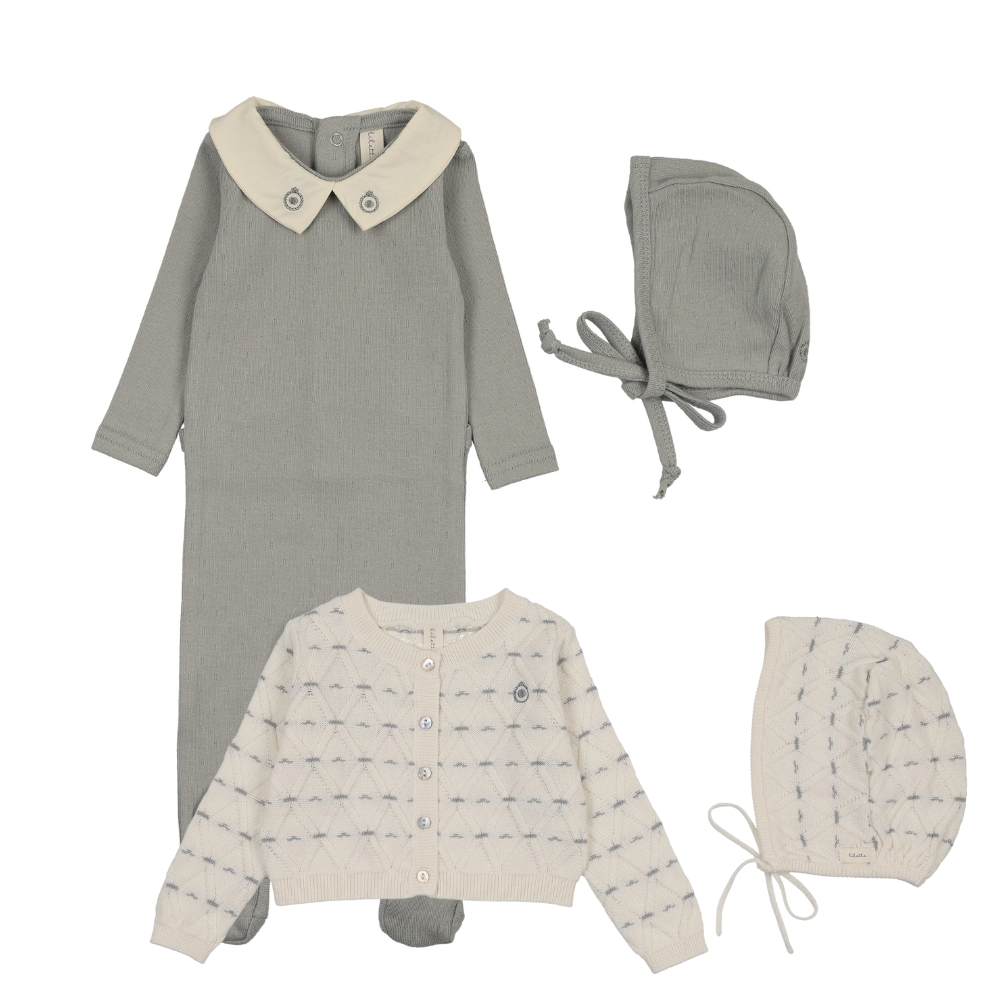 Lilette Sweetheart Footie, Cardigan & Bonnet Set - Blue