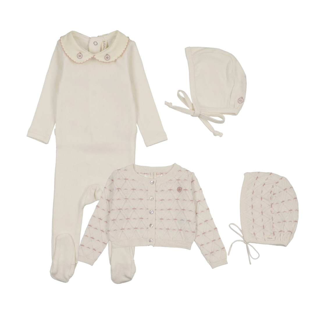 Lilette Sweetheart Footie, Cardigan & Bonnet Set - Cream/Pink