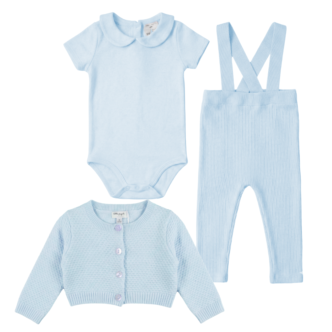 Little Fragile Rib Knit Overall, Onesie, Cardigan Set - Cool Sky