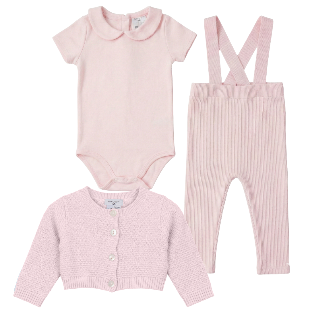 Little Fragile Rib Knit Overall, Onesie, Cardigan Set - Pretty Pink
