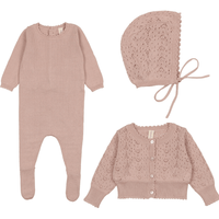 Lilette Heart Knit Footie, Cardigan and Bonnet Set