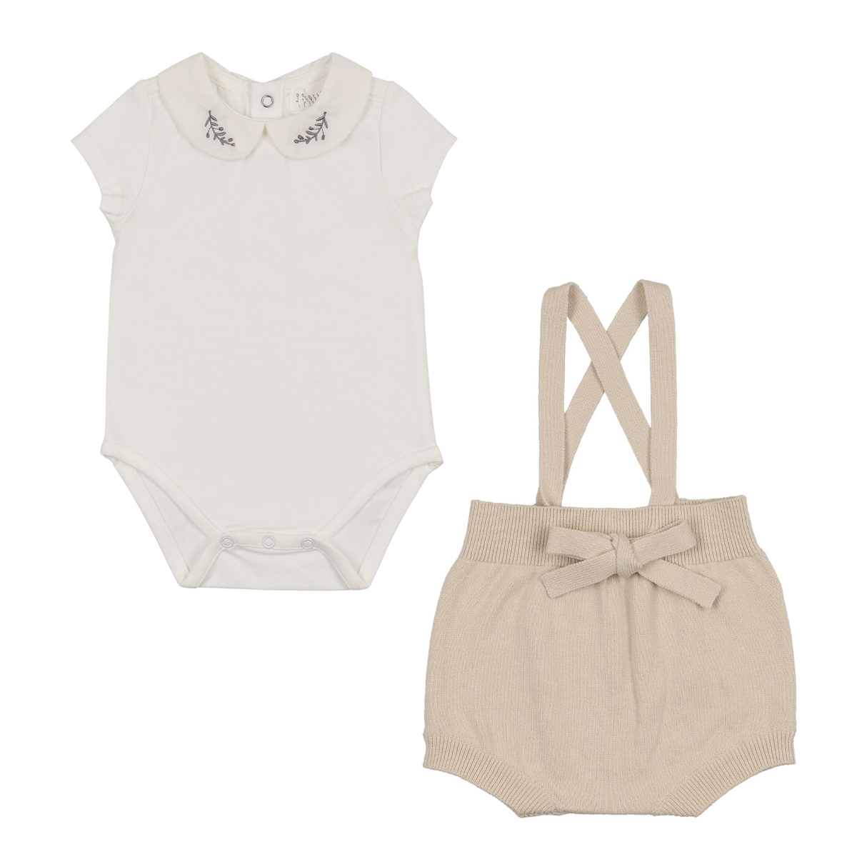 Peluche Knit Suspender Bloomers & Olive Emb Onesie