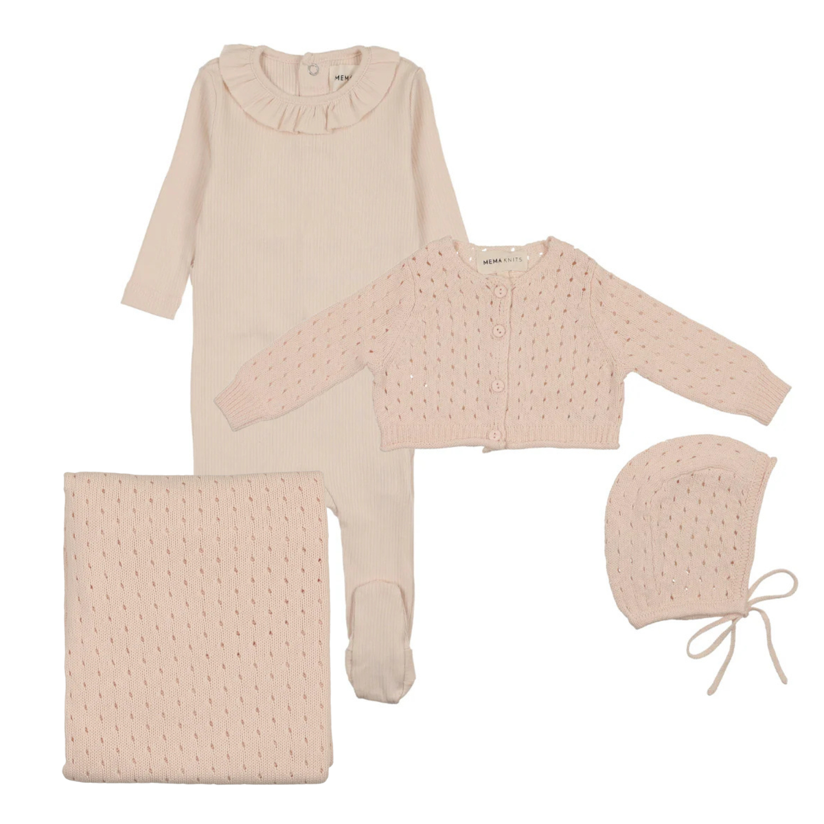 Mema Knits Rib Ruffle Collar Footie, Pointelle Knit Cardigan, Bonnet W Blanket- Light Pink
