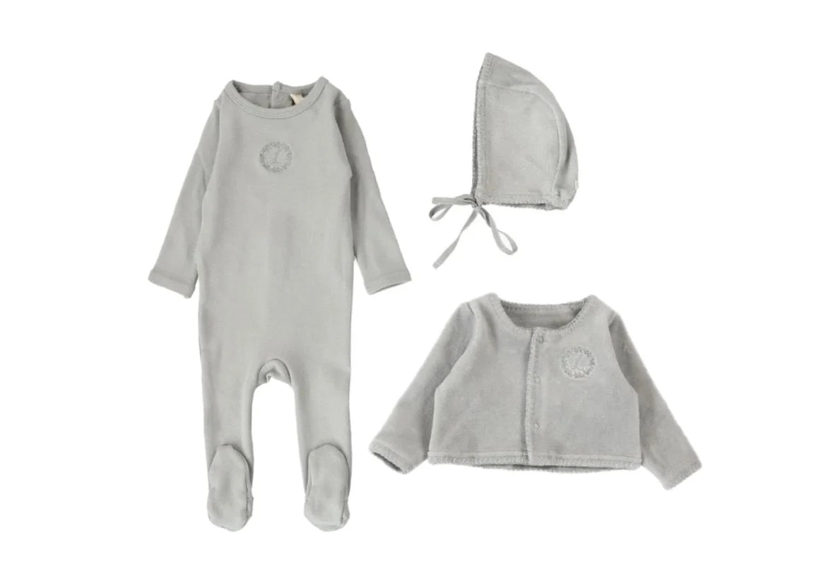 Lilette Cotton Footie, Cardigan & Hat - Dusty Blue