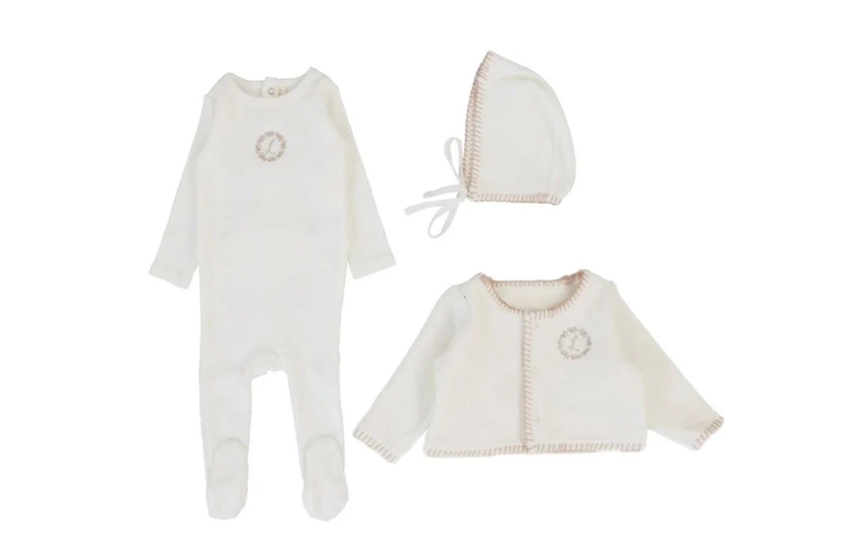 Lilette Cotton Footie, Cardigan & Hat - Cream/Pink