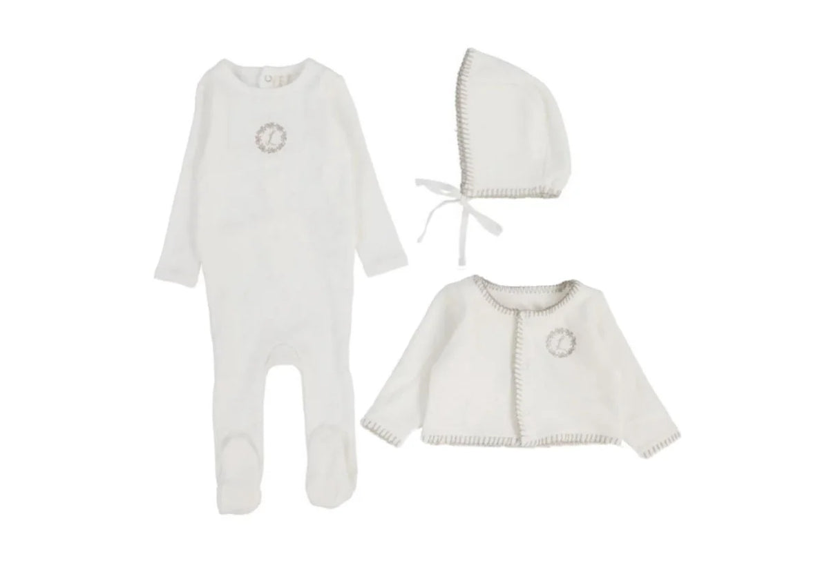 Lilette Cotton Footie, Cardigan & Hat - Cream/Oat