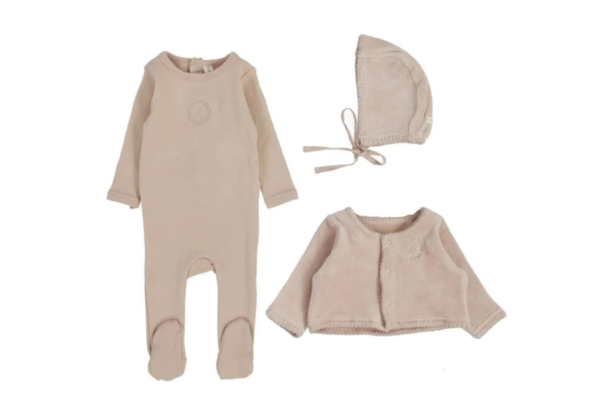 Lilette Cotton Footie, Cardigan & Hat - Dusty Pink