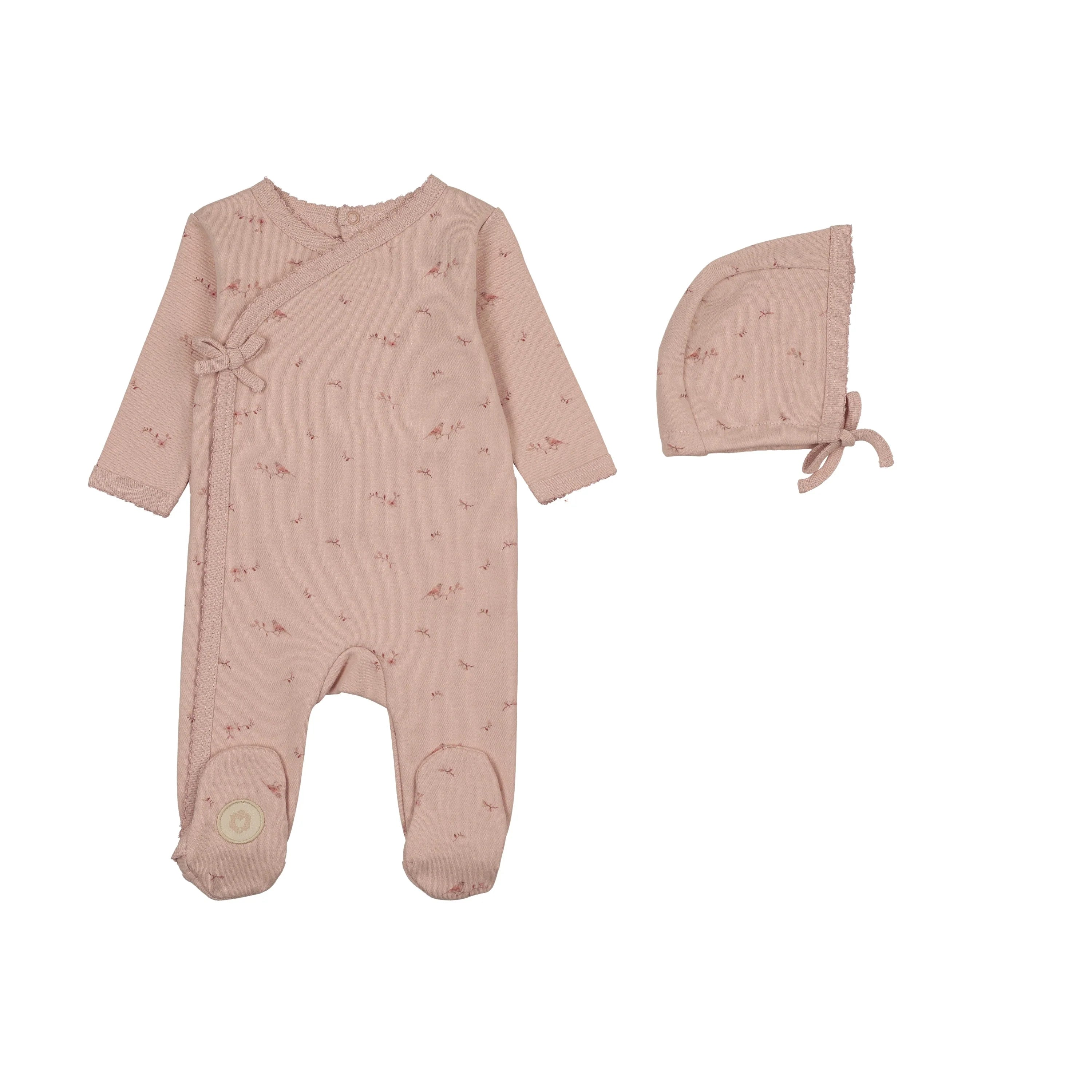 Mon Tresor Vintage Bird Wrap Footie & Hat - Pink Whip
