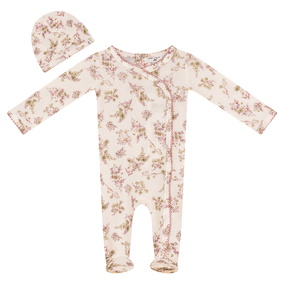 Little Fragile Knit Floral Mock Wrap Footie & Beanie