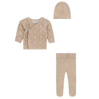 Charlotte & George Knit Pointelle Wrap Cardigan, Pants & Beanie