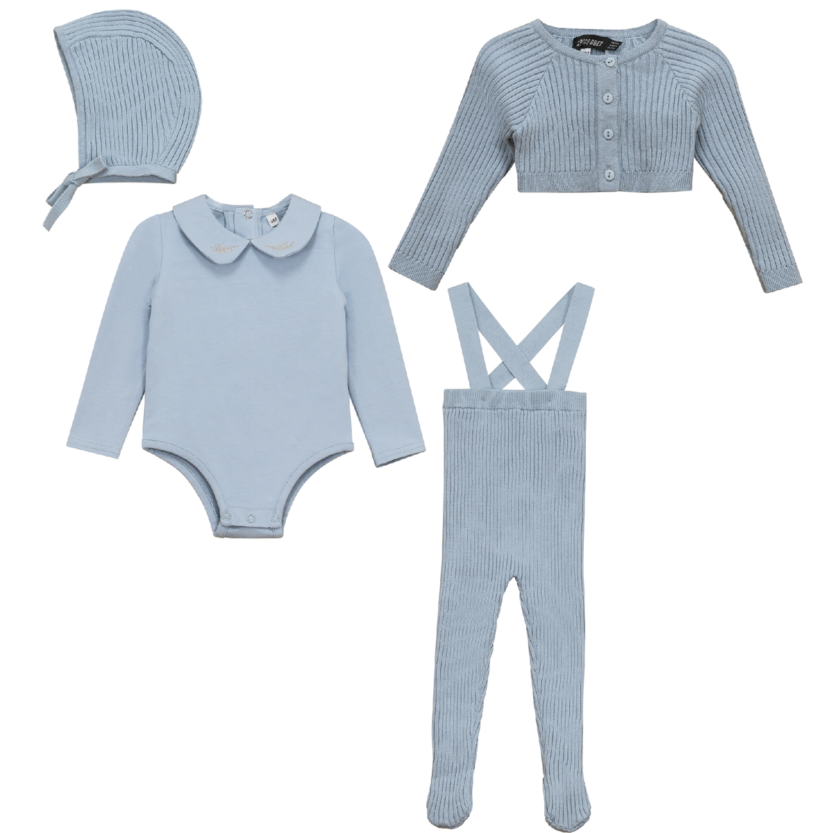 Space Grey Knitted Flower/leaf Embroidered Collar Onesie, Overalls, Cardigan & Bonnet Set