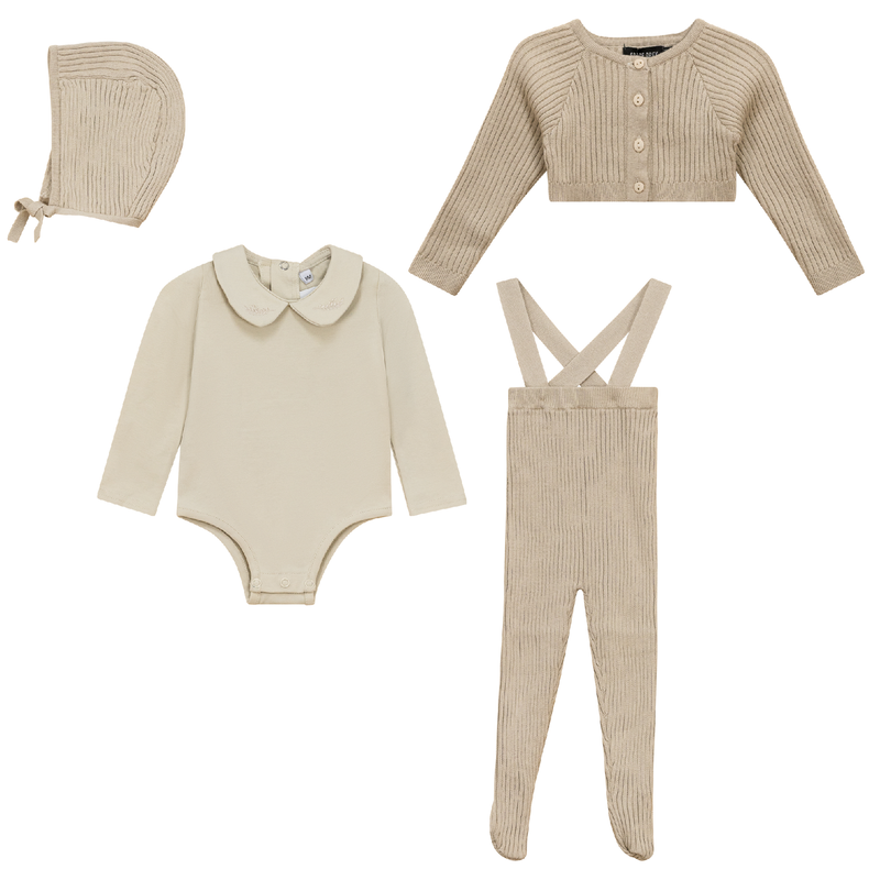 Space Grey Knitted Flower/leaf Embroidered Collar Onesie, Overalls, Cardigan & Bonnet Set