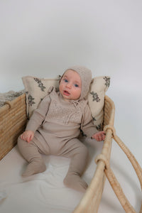 Little Fragile Crochet Bib Footie & Bonnet - Rose Cloud