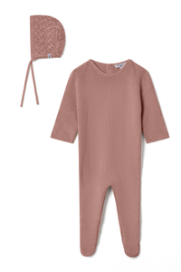 Little Fragile Crochet Bib Footie & Bonnet - Rose Cloud