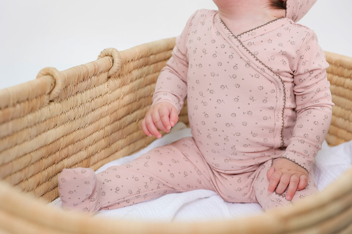 Little Fragile Floral Print Wrap Footie & Beanie-Pink