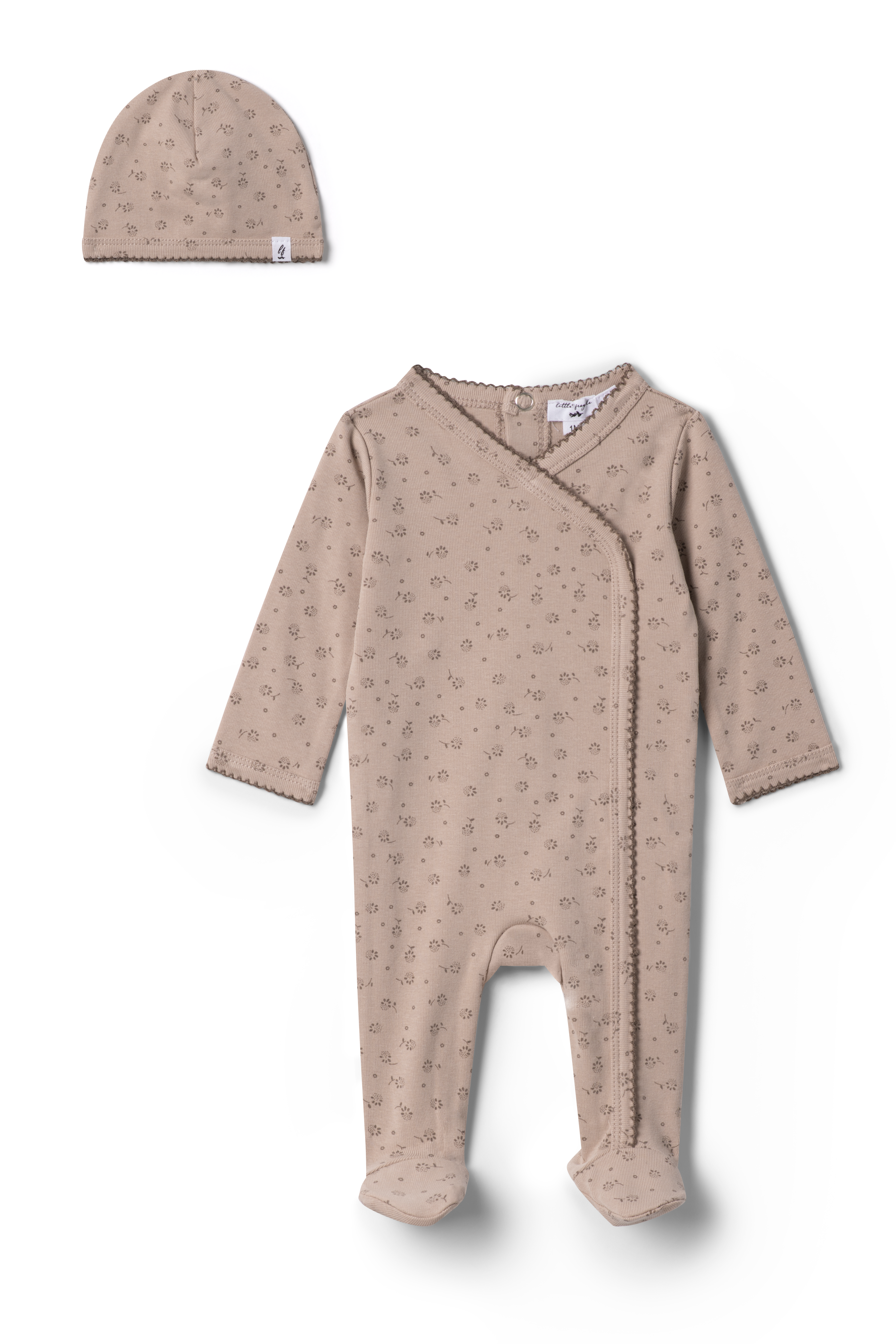 Little Fragile Floral Print Wrap Footie & Beanie-Taupe