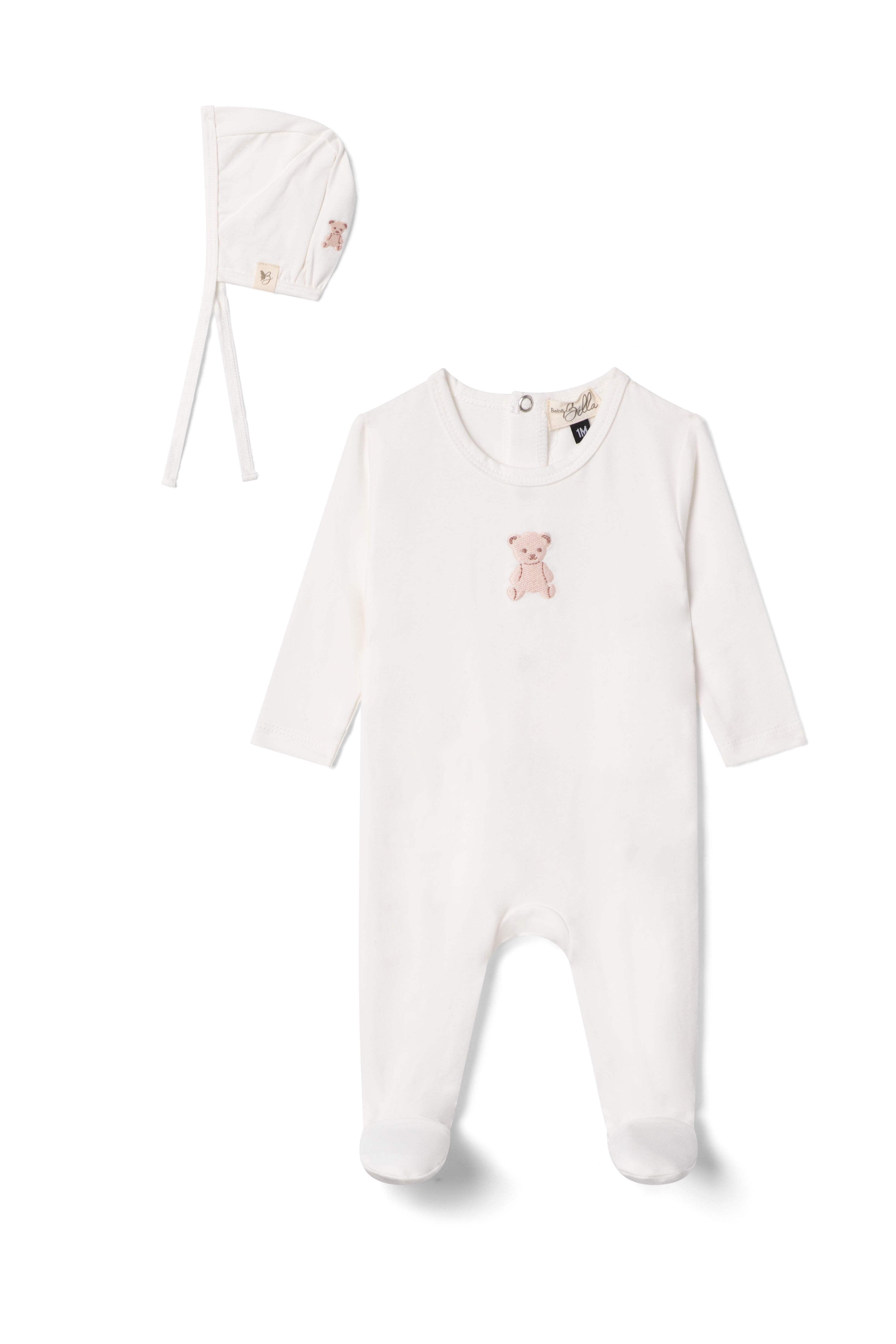 Bebe Bella Modal Bear Embroidery Footie & Bonnet - White Pink