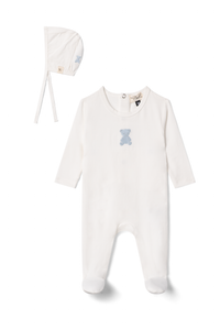 Bebe Bella Modal Bear Embroidery Footie & Bonnet - White Blue