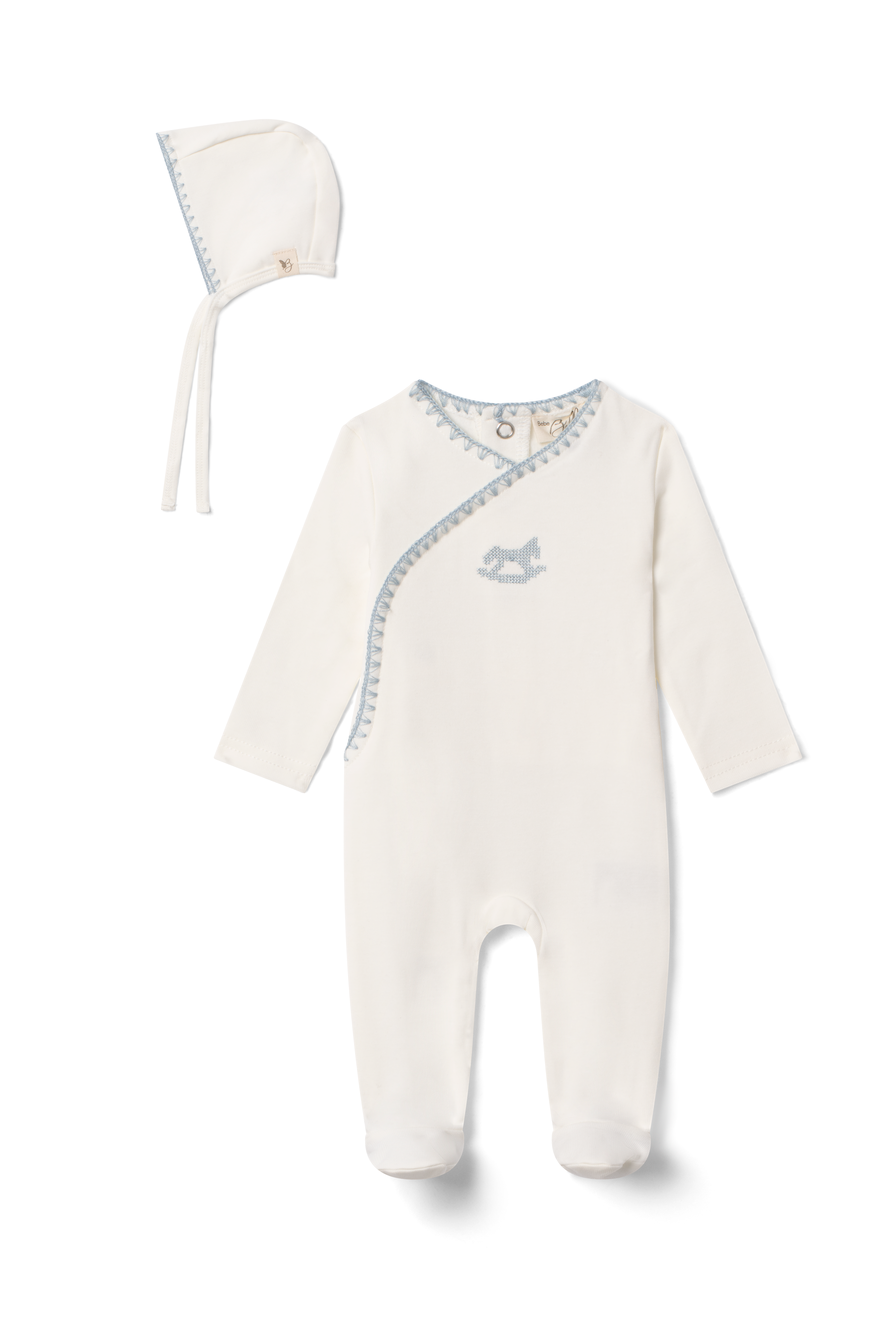 Bebe Bella Fake Wrap Rocking Horse Embroidery Footie & Bonnet - Cream