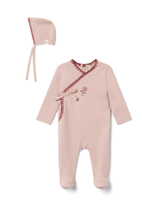 Bebe Bella Fake Wrap Rose Embroidery Footie & Bonnet - Pink
