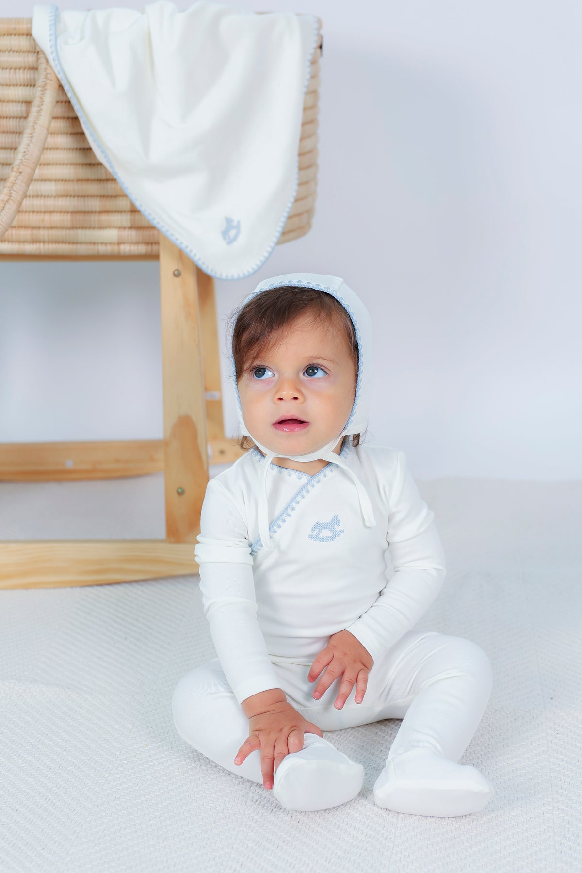 Bebe Bella Fake Wrap Rocking Horse Embroidery Footie & Bonnet - Cream