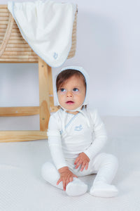 Bebe Bella Fake Wrap Rocking Horse Embroidery Footie & Bonnet - Cream
