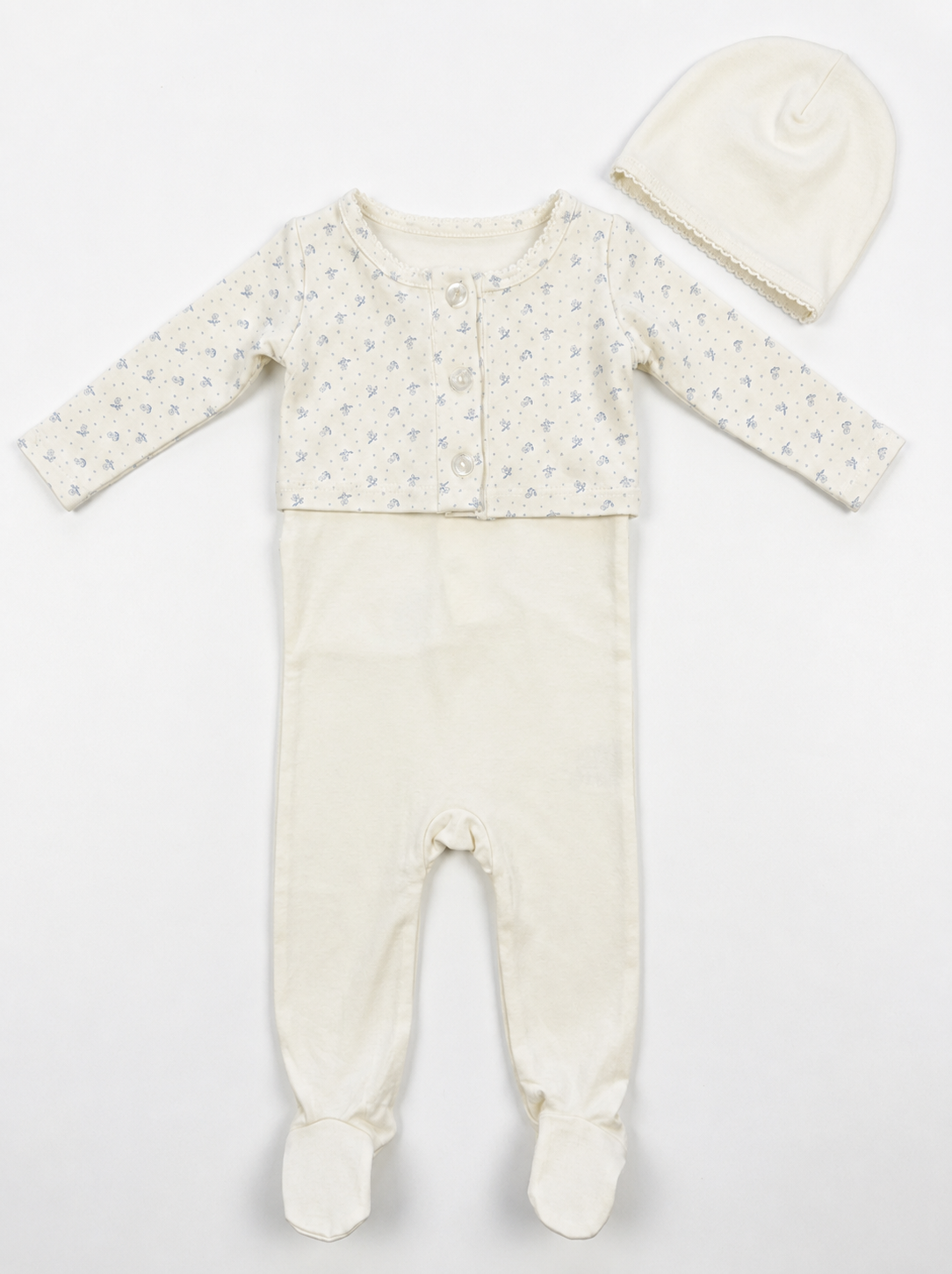 Fragile Dainty Print Cardigan, Footie & Bonnet - Powder/Blue