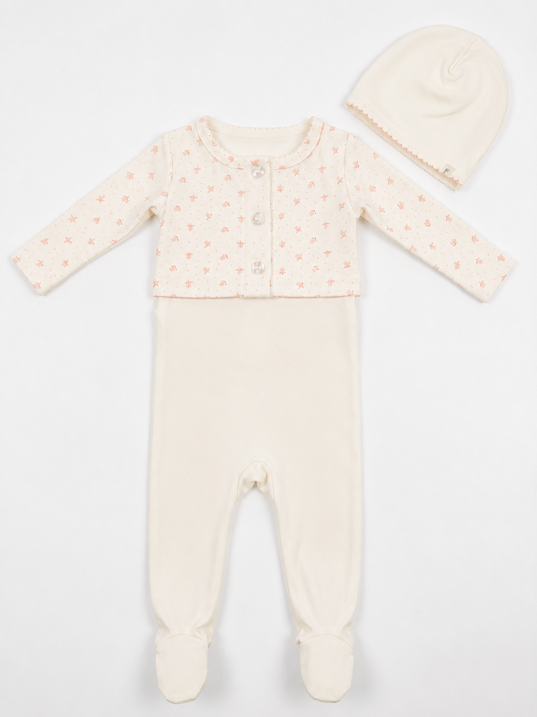 Fragile Dainty Print Cardigan, Footie & Bonnet - Powder/Pink