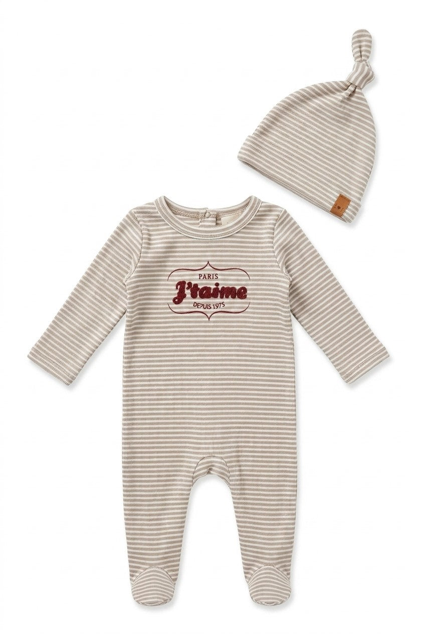 J'Taime Stripe Footie & Beanie - Cocoa
