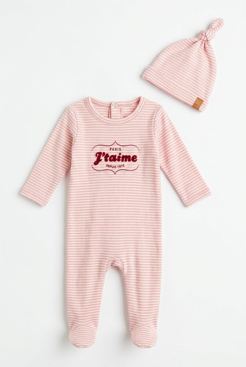 J'Taime Stripe Footie & Beanie - Pink