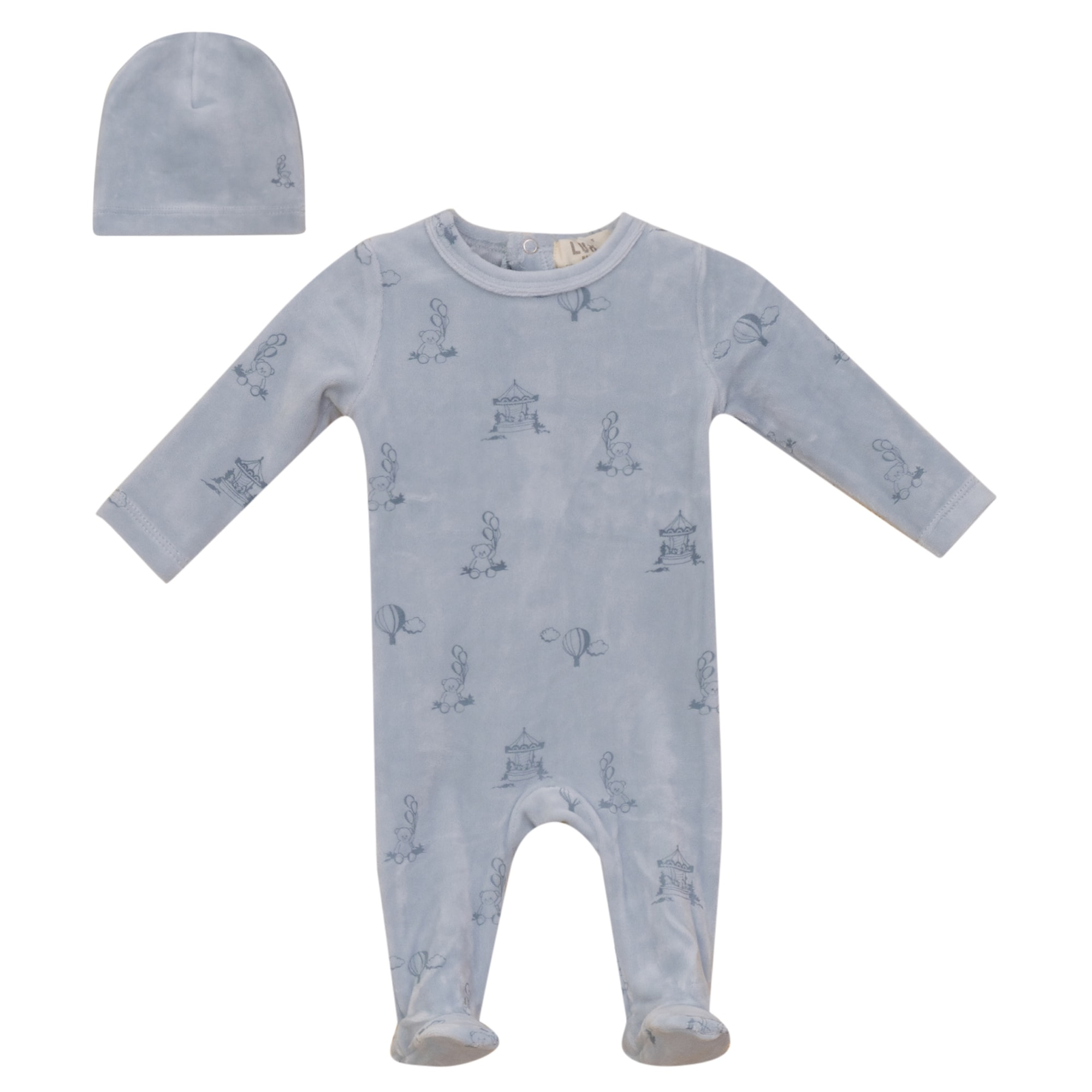 Lux Velour All Over Print Footie & Beanie - Cloud Blue
