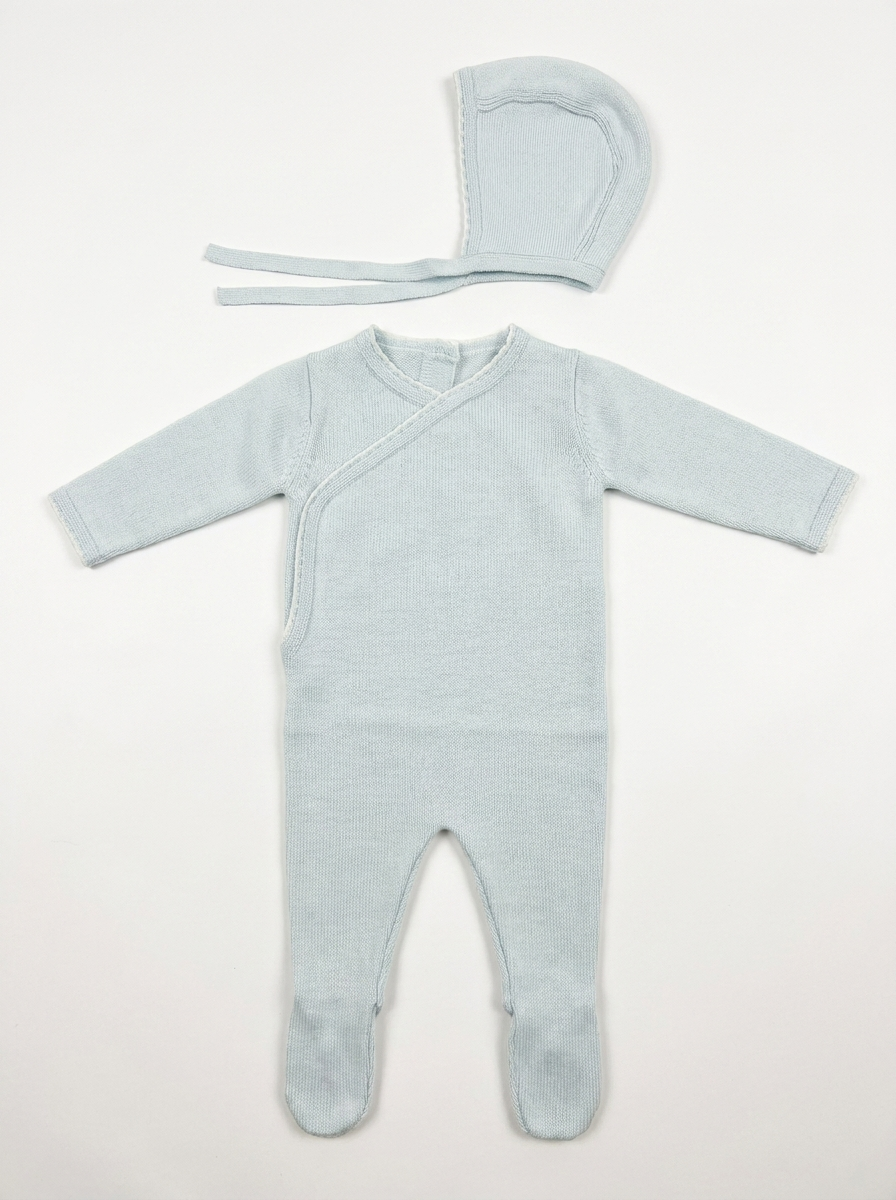 Bebe Bella Knit Mock Wrapover Footie & Beanie - Blue