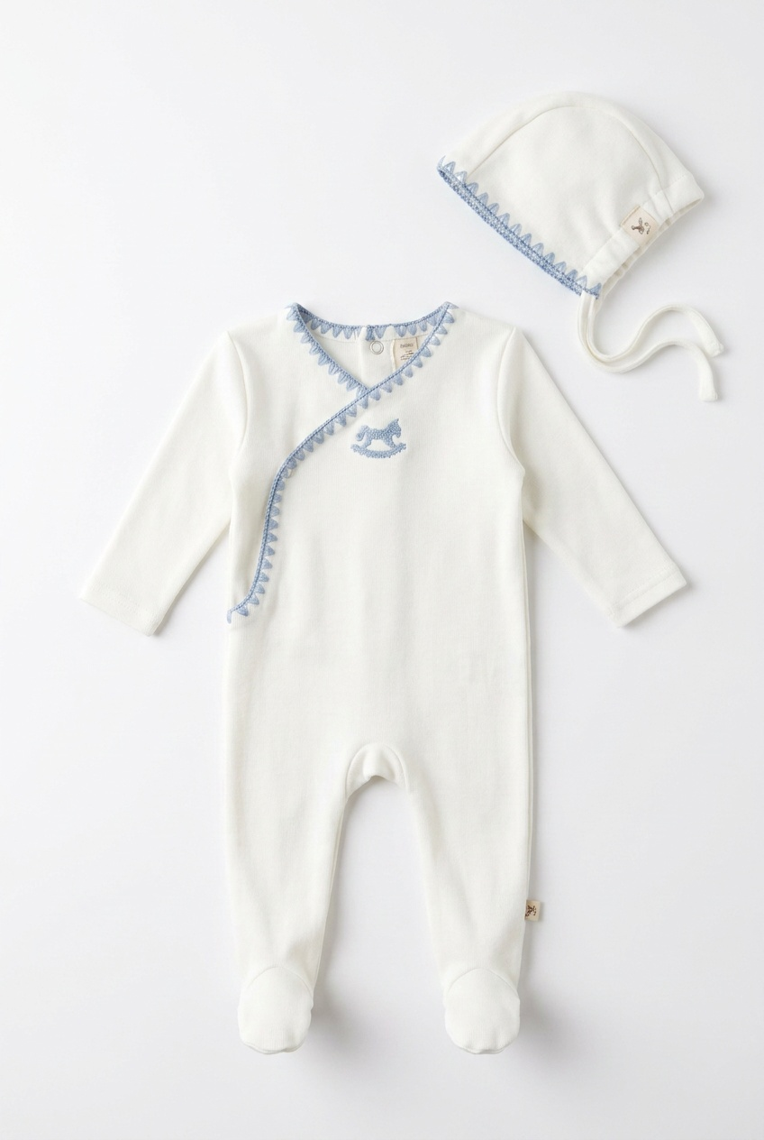 Bebe Bella Wrap RH Embroidery Footie & Bonnet - Boys Ivory
