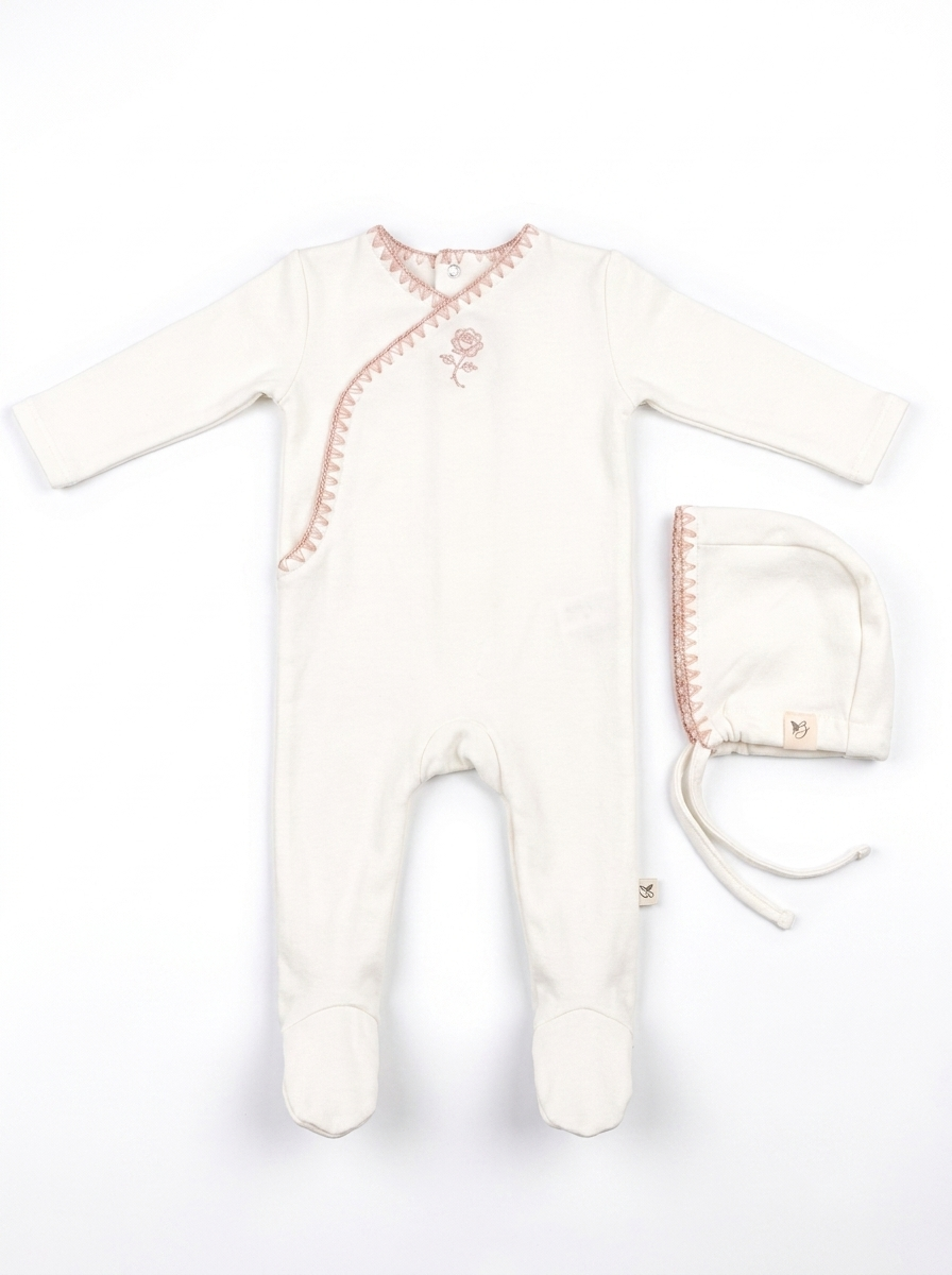 Bebe Bella Wrap RH Embroidery Footie & Bonnet - Girls Flower Ivory