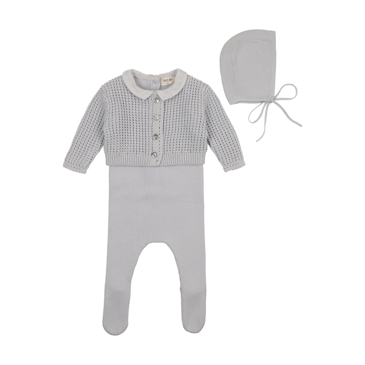 Bee & Dee Waffle Footie, Cardi & Hat - Crisp Blue