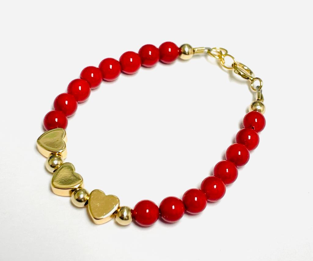 My Little Jewel  Red/gold beaded bracelet with heart bow center