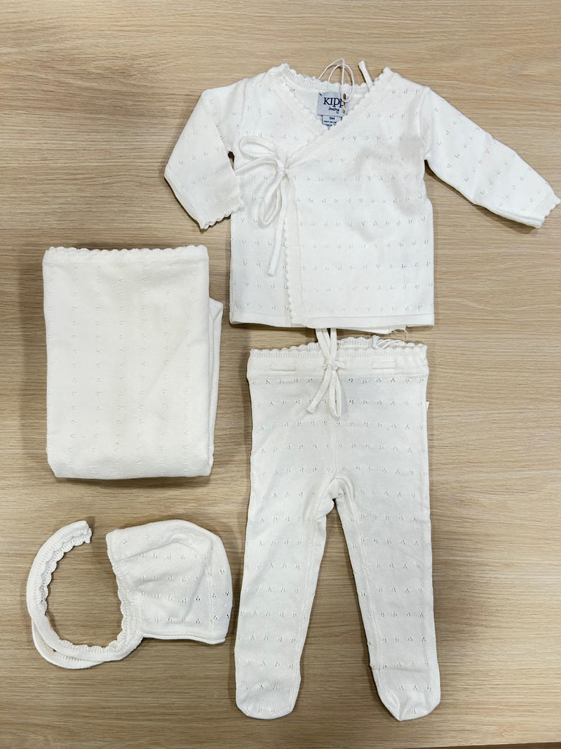 Kipp Pointelle Knit Wrap Cardigan, Bonnet, & Long Pants Bris Set