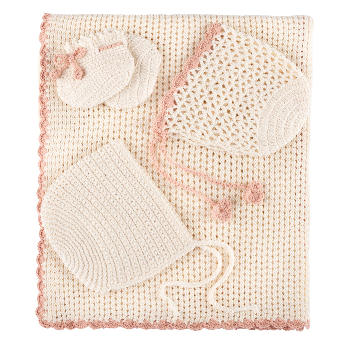 Bebe Beaute Knit Blanket & Bonnet-Ivory/Raspberry