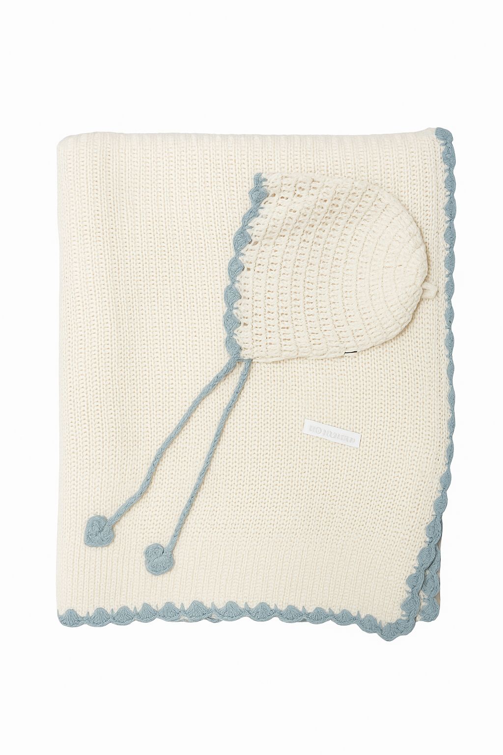 Bebe Beaute Knit Blanket & Bonnet - Ivory/Blue