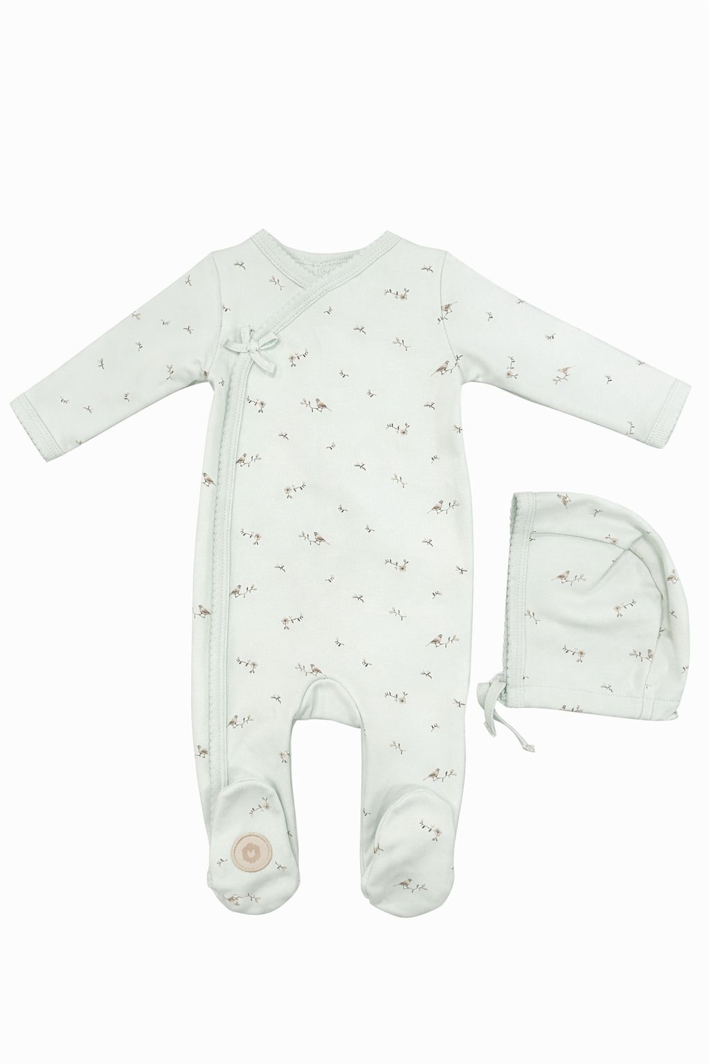 Mon Tresor Vintage Bird Wrap Footie & Hat - Mint Green