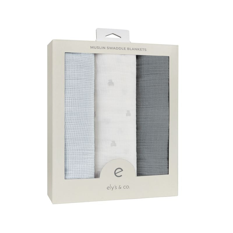 Elys & Co Gingham Bear 3 Pack Muslin Swaddles - Blue